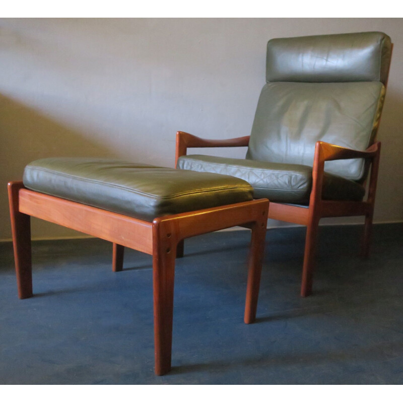 Vintage Niels Eilersen lounge chair and ottoman in solid teak and leather