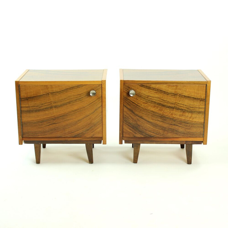 Set of 2 vintage cubical tables in walnut veneer from Czechoslovakia