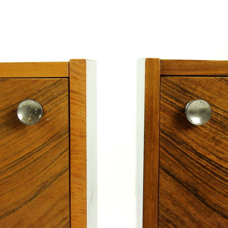 Set of 2 vintage cubical tables in walnut veneer from Czechoslovakia