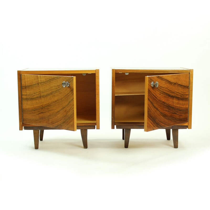 Set of 2 vintage cubical tables in walnut veneer from Czechoslovakia