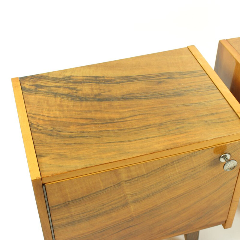 Set of 2 vintage cubical tables in walnut veneer from Czechoslovakia