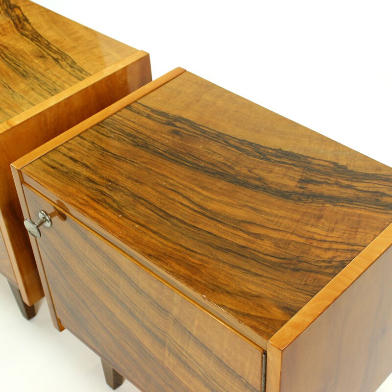 Set of 2 vintage cubical tables in walnut veneer from Czechoslovakia
