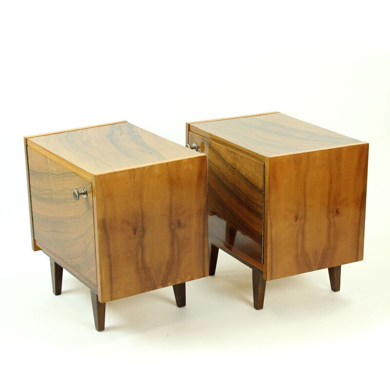 Set of 2 vintage cubical tables in walnut veneer from Czechoslovakia