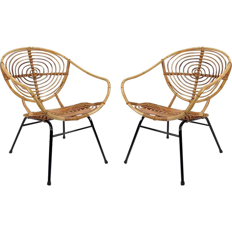 Set of 2 dutch rattan lounge chairs by Rohe Noordwolde