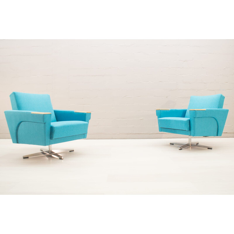 Ensemble de 2 fauteuils vintage pivotants en tissu bleu et métal 1960