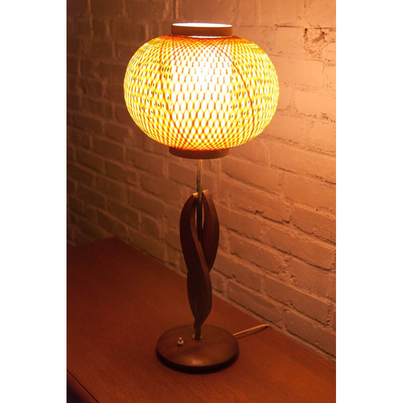 Vintage lamp in teak, brass and rattan