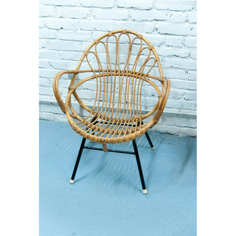 Vintage armchair shell in rattan and black metal