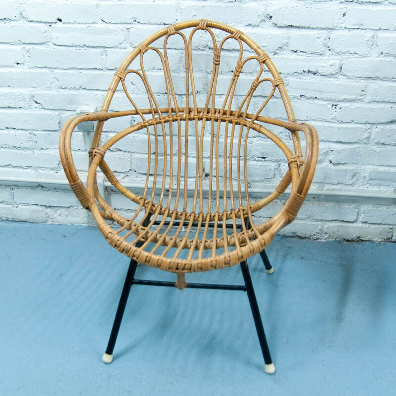 Vintage armchair shell in rattan and black metal