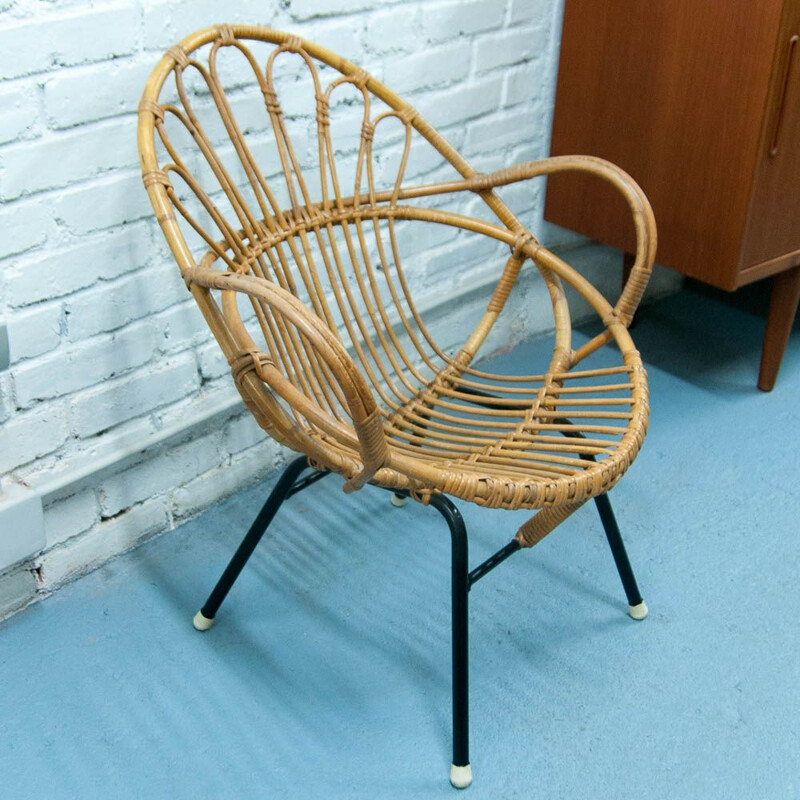 Vintage armchair shell in rattan and black metal