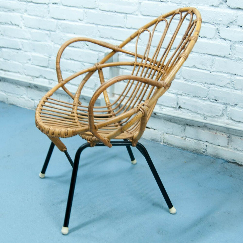 Vintage armchair shell in rattan and black metal