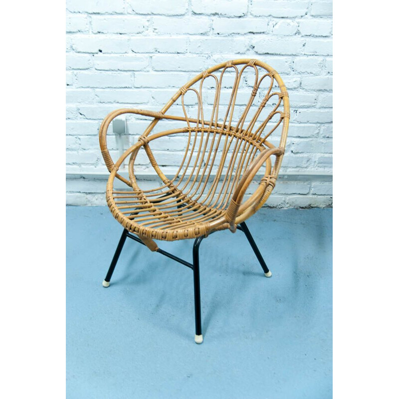 Vintage armchair shell in rattan and black metal