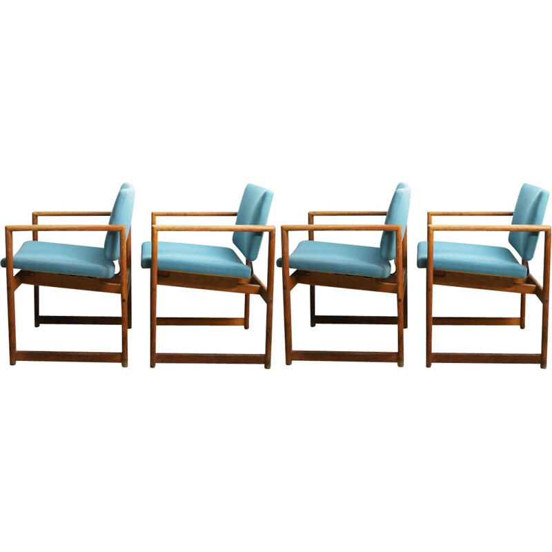Set of 4 vintage danish mid century oakwood blue chairs 1970