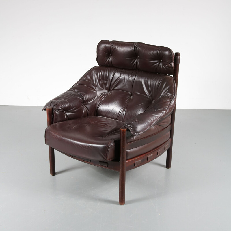 Fauteuil lounge vintage en cuir par Arne Norell pour Coja