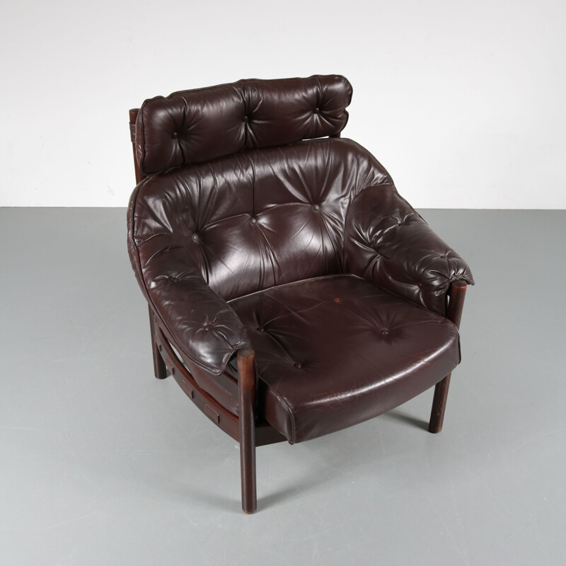 Fauteuil lounge vintage en cuir par Arne Norell pour Coja