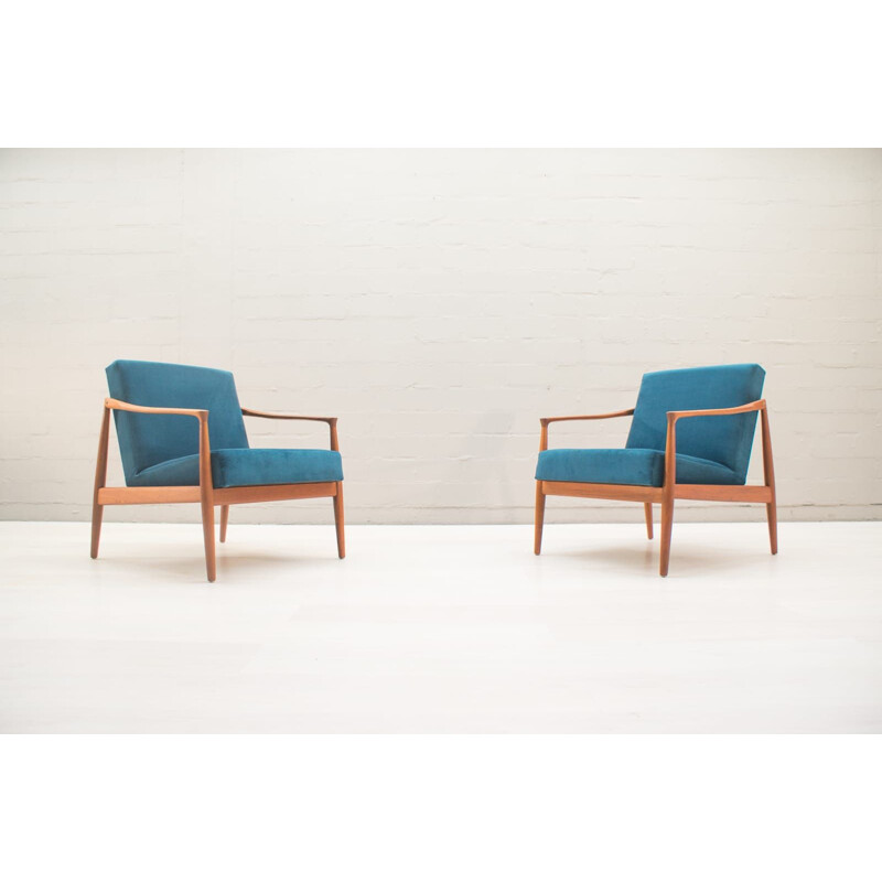 Set of 2 vintage Scandinavian blue armchairs in teak