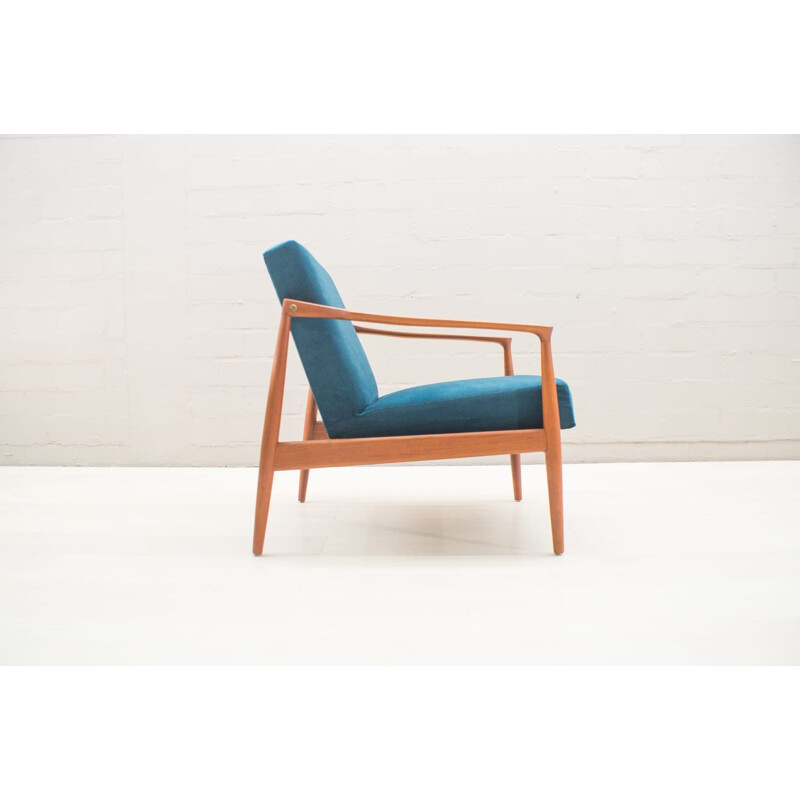 Set of 2 vintage Scandinavian blue armchairs in teak