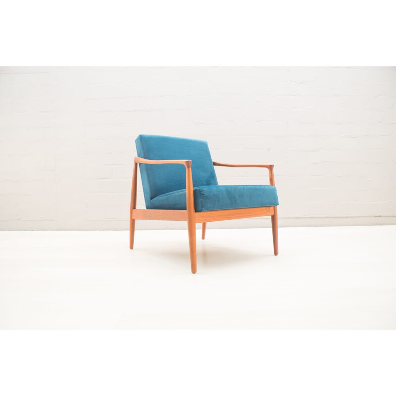 Set of 2 vintage Scandinavian blue armchairs in teak