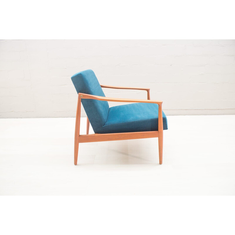 Set of 2 vintage Scandinavian blue armchairs in teak