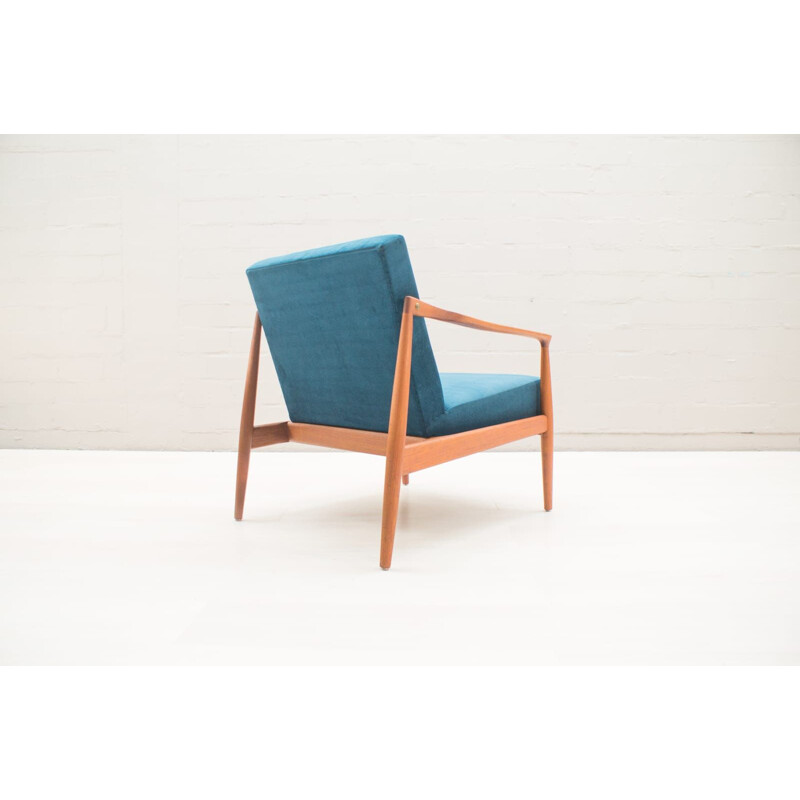 Set of 2 vintage Scandinavian blue armchairs in teak