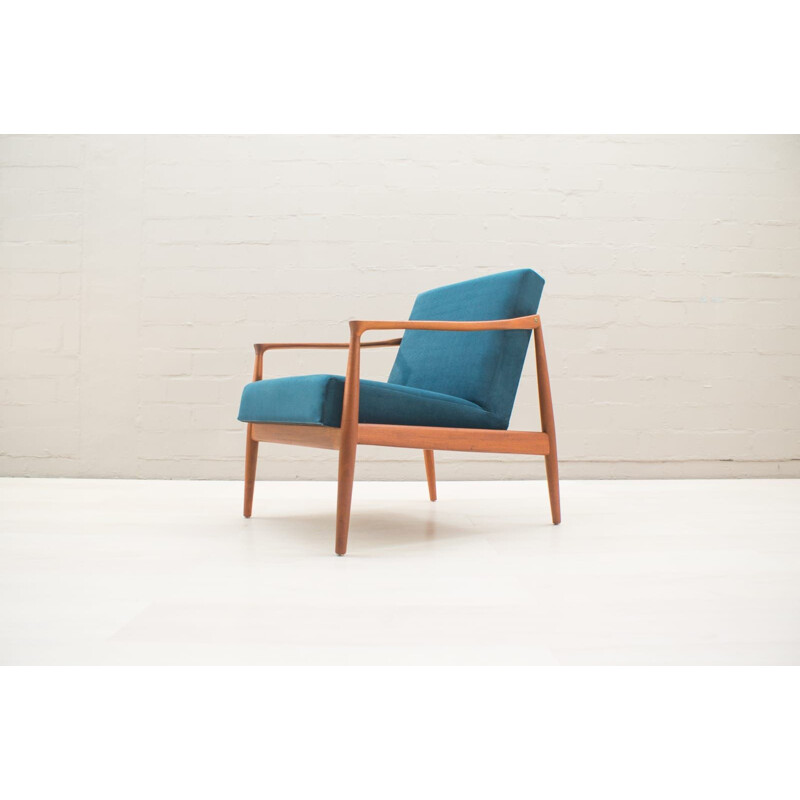 Set of 2 vintage Scandinavian blue armchairs in teak