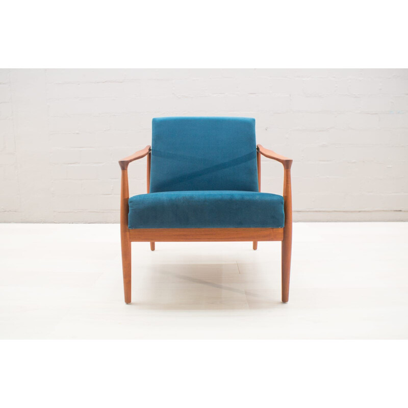 Set of 2 vintage Scandinavian blue armchairs in teak