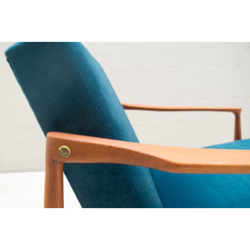 Set of 2 vintage Scandinavian blue armchairs in teak
