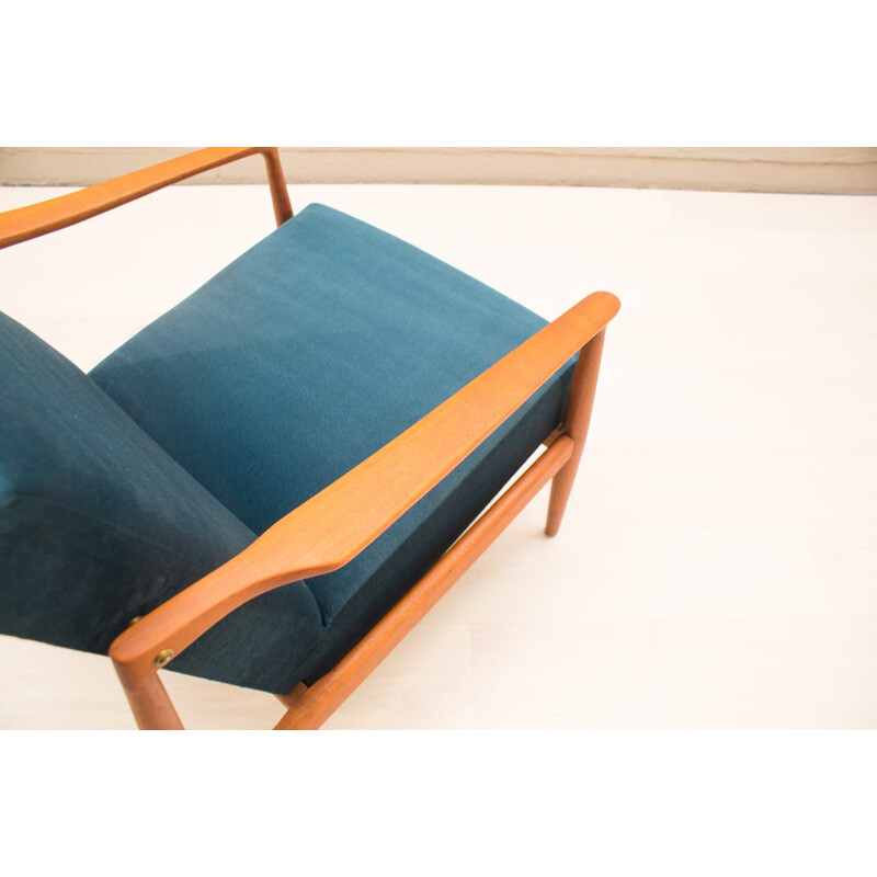 Set of 2 vintage Scandinavian blue armchairs in teak