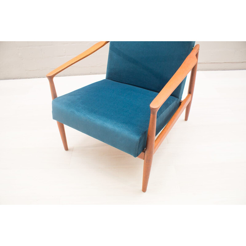 Set of 2 vintage Scandinavian blue armchairs in teak