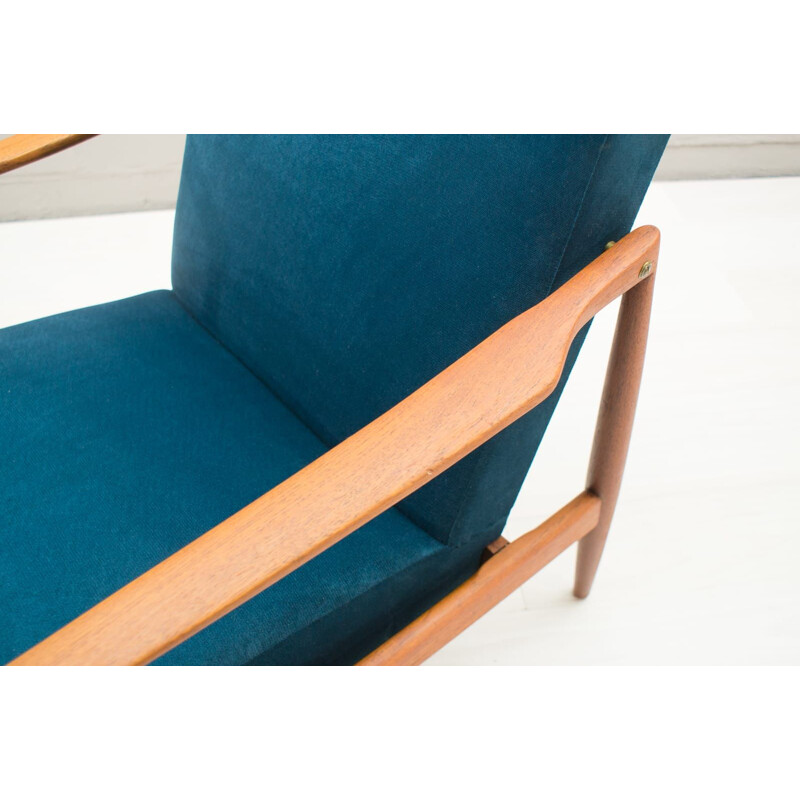 Set of 2 vintage Scandinavian blue armchairs in teak