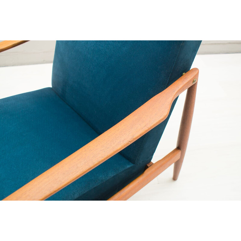 Suite de 2 fauteuils vintage bleus scandinaves en teck