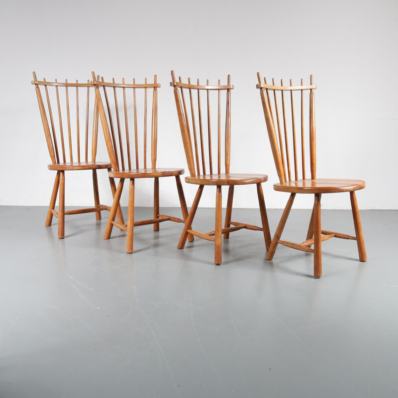 Set of 4 vintage Dutch dining chairs in birch wood