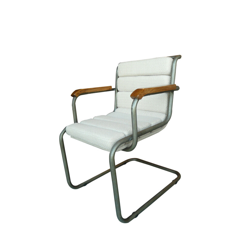 Chaise Bauhaus vintage en métal et tissu blanc