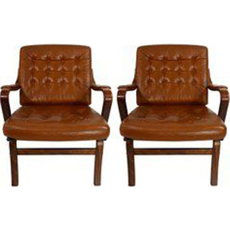 Suite de 2 fauteuils vintage scandinaves en bois et cuir par Göte Möbel