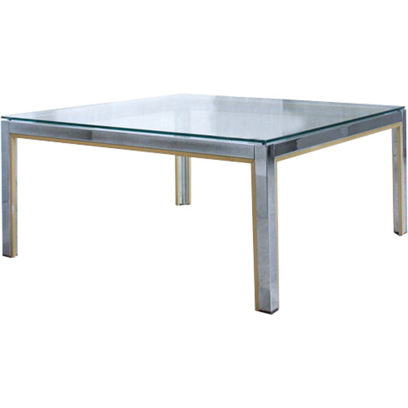 Vintage Italian coffee table in golden chrome and glass by Renato Zevi