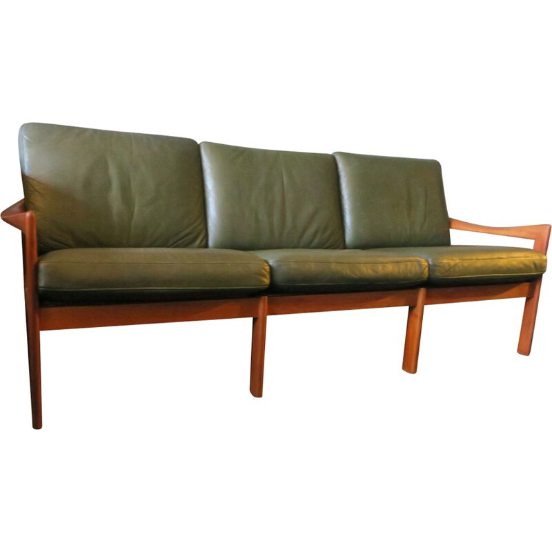 Vintage 3-Seater Sofa for Niels Eilersen in teak and green leather 1960s
