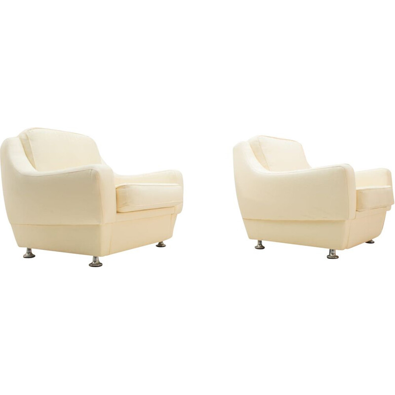 Set of 2 vintage italian armchairs in white fabric 1960