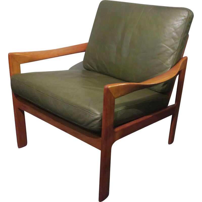 Vintage green lounge chair for Niels Eilersen in solid teak and leather 1960