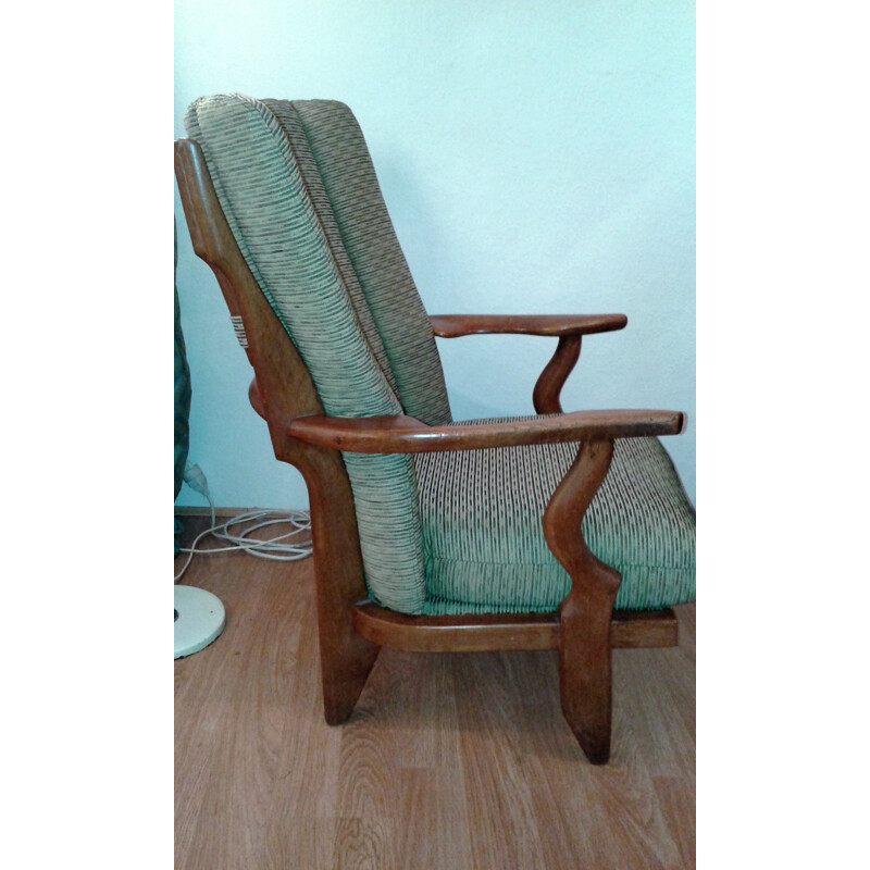 Armchair in light oakwood and green mottled fabric, Robert GUILLERME & Jacques CHAMBRON - 1960s