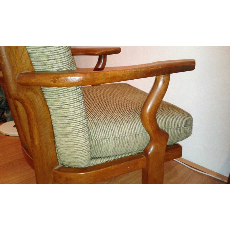 Armchair in light oakwood and green mottled fabric, Robert GUILLERME & Jacques CHAMBRON - 1960s