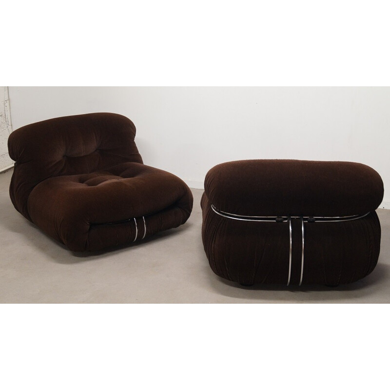 Pair of Soriana low chairs in chocolate velvet and steel, Afra & Tobia SCARPA - 1970s