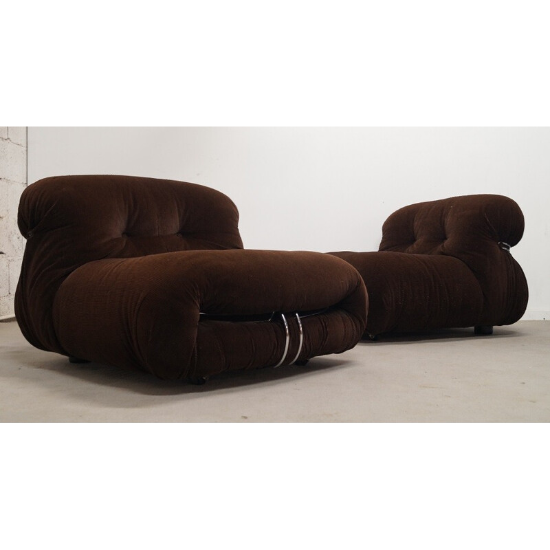 Pair of Soriana low chairs in chocolate velvet and steel, Afra & Tobia SCARPA - 1970s