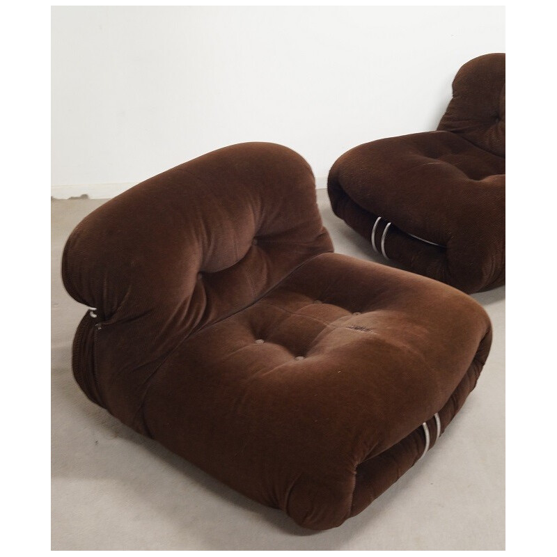 Pair of Soriana low chairs in chocolate velvet and steel, Afra & Tobia SCARPA - 1970s