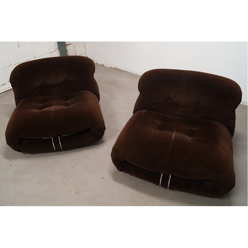 Pair of Soriana low chairs in chocolate velvet and steel, Afra & Tobia SCARPA - 1970s