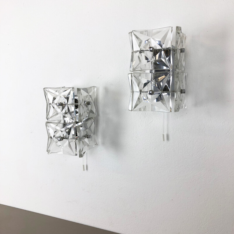 Set of 2 vintage German wall lamps in crystal by Kinkeldey