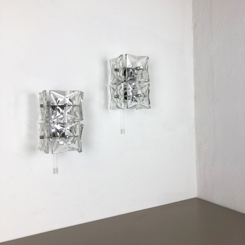 Set of 2 vintage German wall lamps in crystal by Kinkeldey