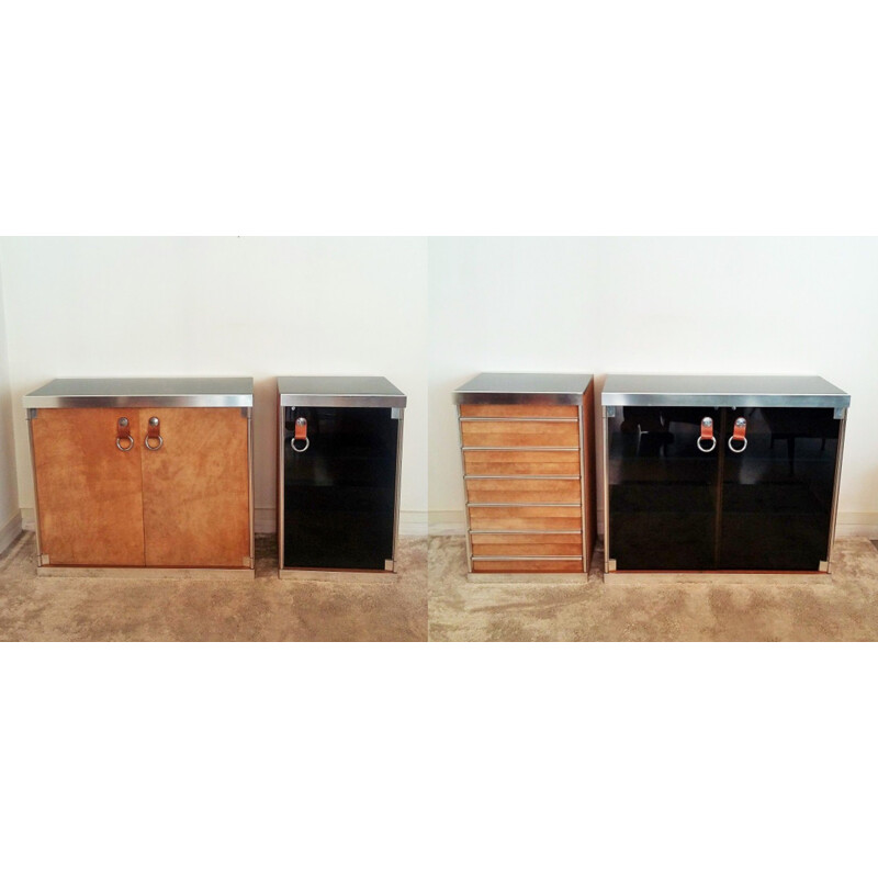 Set of 4 vintage Italian cabinets in steel and leather by Guido Faleschini