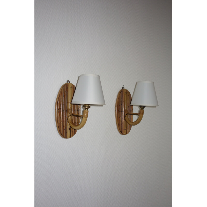 Set of 2 vintage French wall lamps in rattan