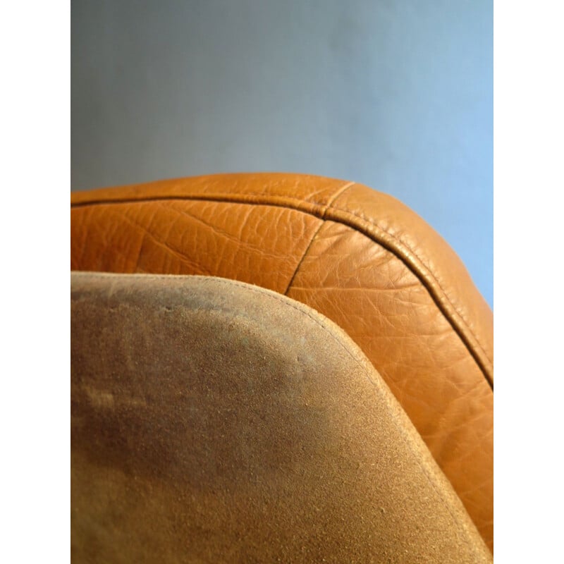 Vintage lounge chair with ottoman in leather, suede and teak