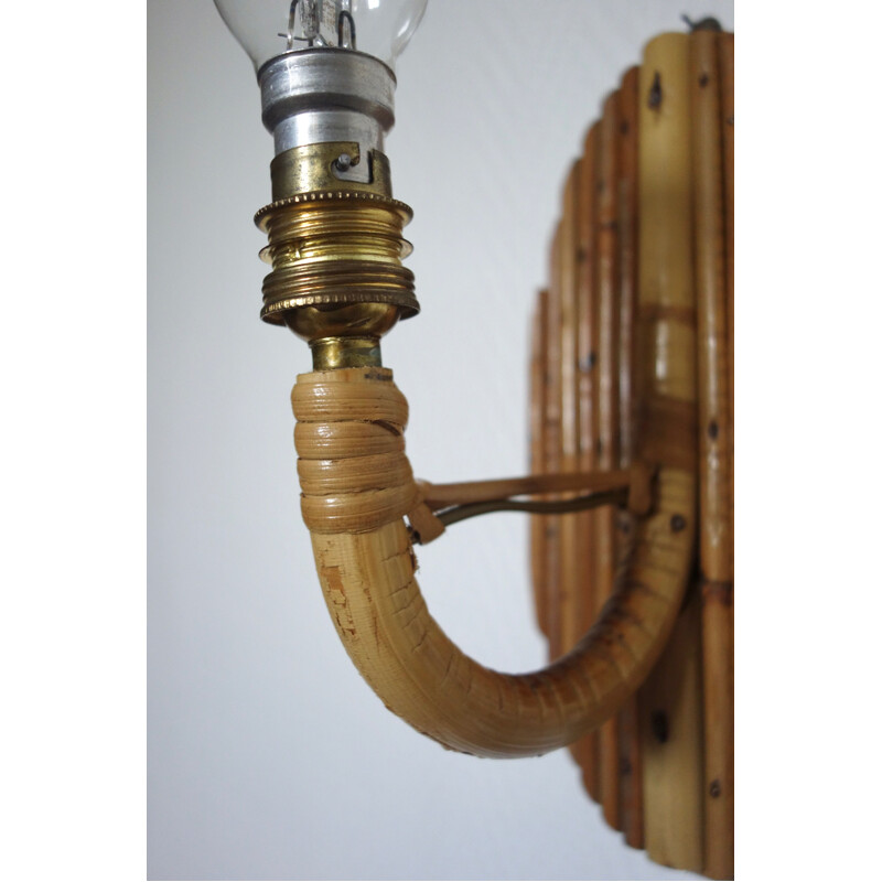 Set of 2 vintage French wall lamps in rattan