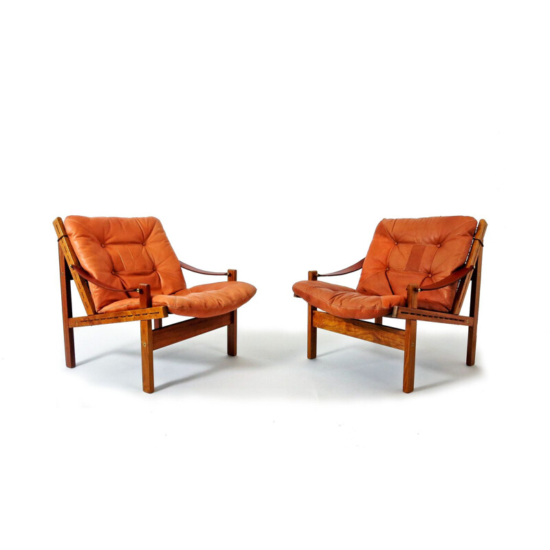 Set of 2 vintage Safari armchairs in rosewood and aniline leather by Torbjorn Afdal for Bruksbo